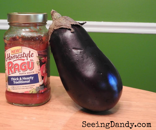 Ragu pasta sauce and fresh eggplant.