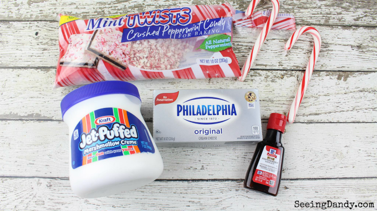 Candy cane dip ingredients, crushed peppermint, Philadelphia cream cheese, Kraft jet puffed marshmallow creme, peppermint extract.