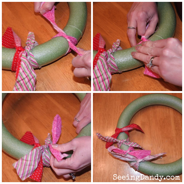 Tying the strips of fabric around the Valentine rag wreaths.
