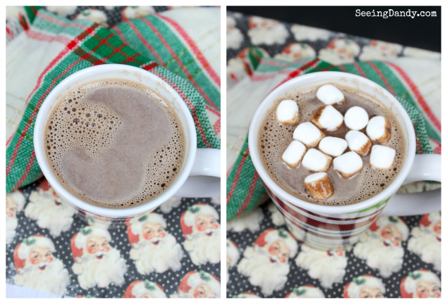 Nutella hot chocolate with mini marshmallows, plaid Christmas napkin and Santa Claus scrapbook paper.