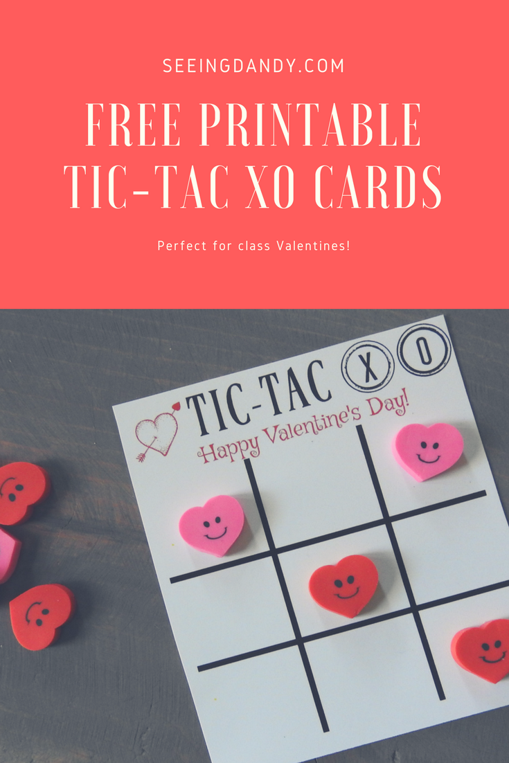 Free printable tic tac xo or tic tac toe themed card for Valentine's Day with cute heart erasers.