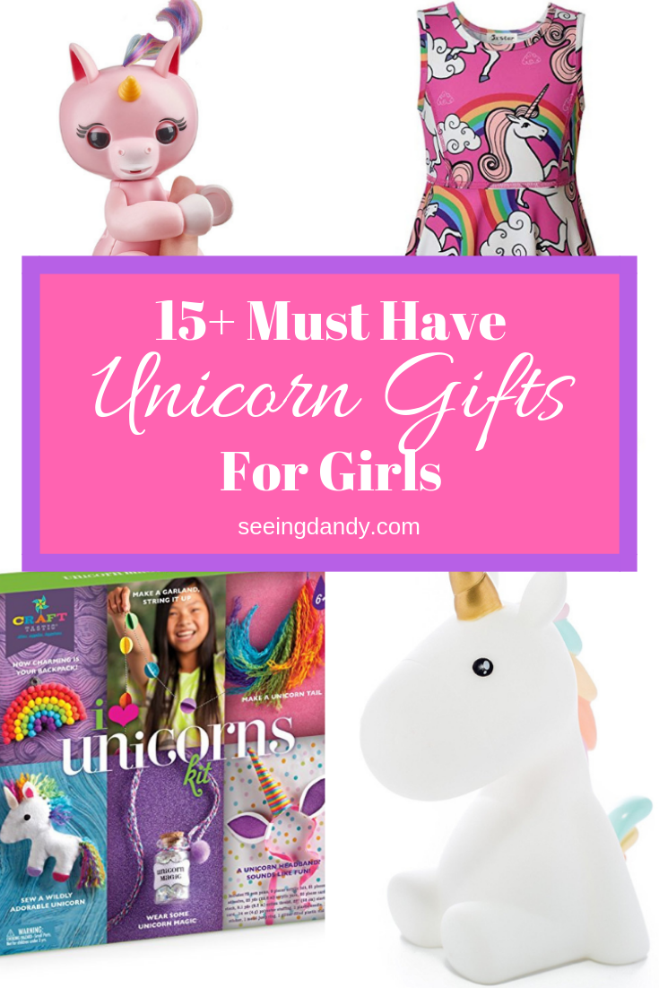 Unique unicorn gifts for girls. Baby unicorn Fingerlings, unicorn night light, unicorn crafts, unicorn dress with rainbows.