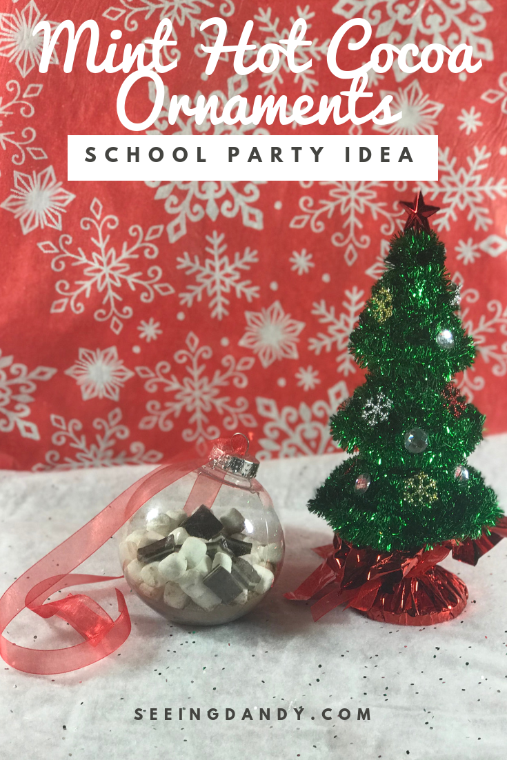 DIY mint Hot Cocoa Mix Ornaments for school winter holiday parties.