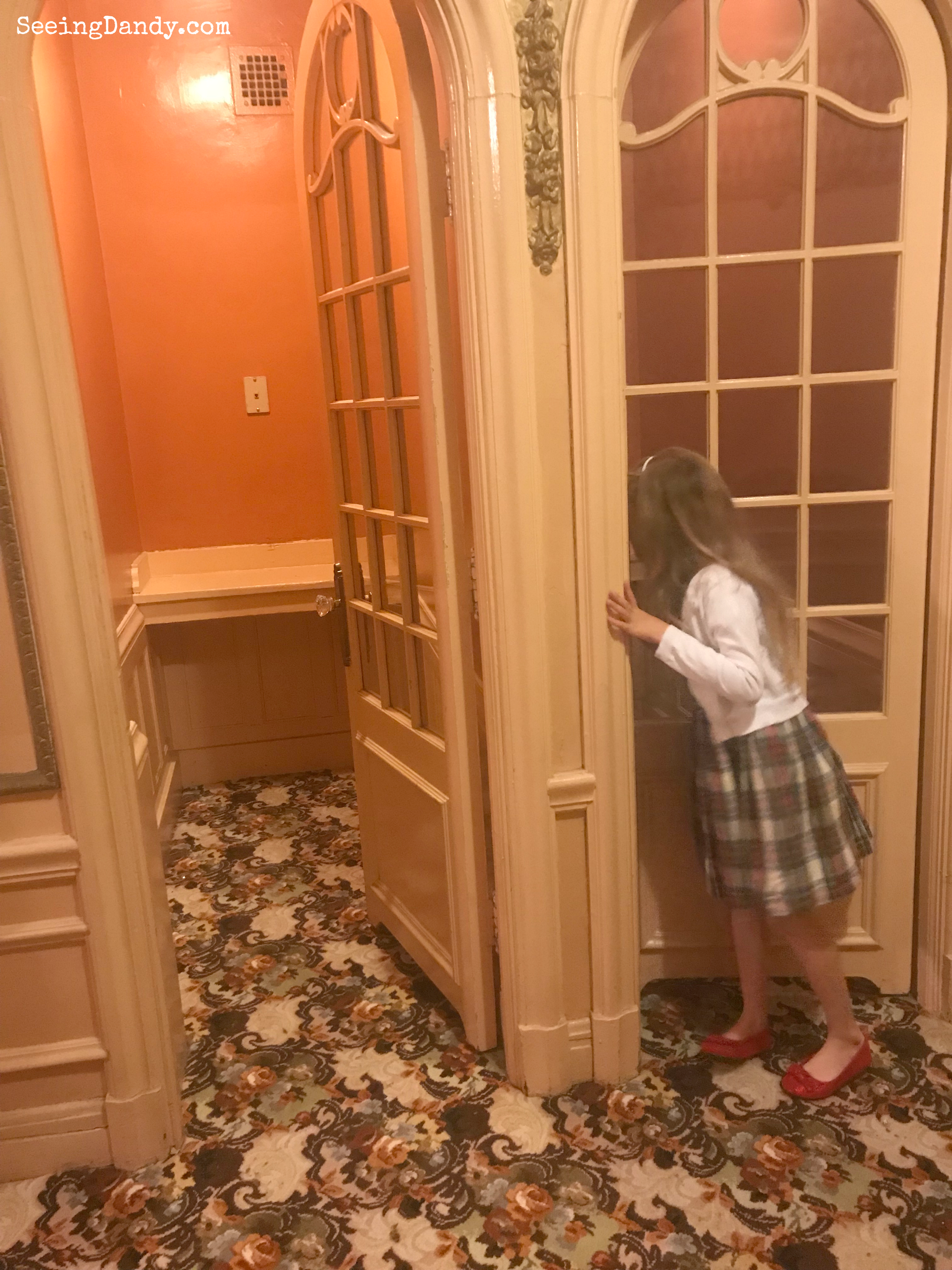 Fox Theatre antique phone booth in the powder room for a little girl's Christmastime birthday.