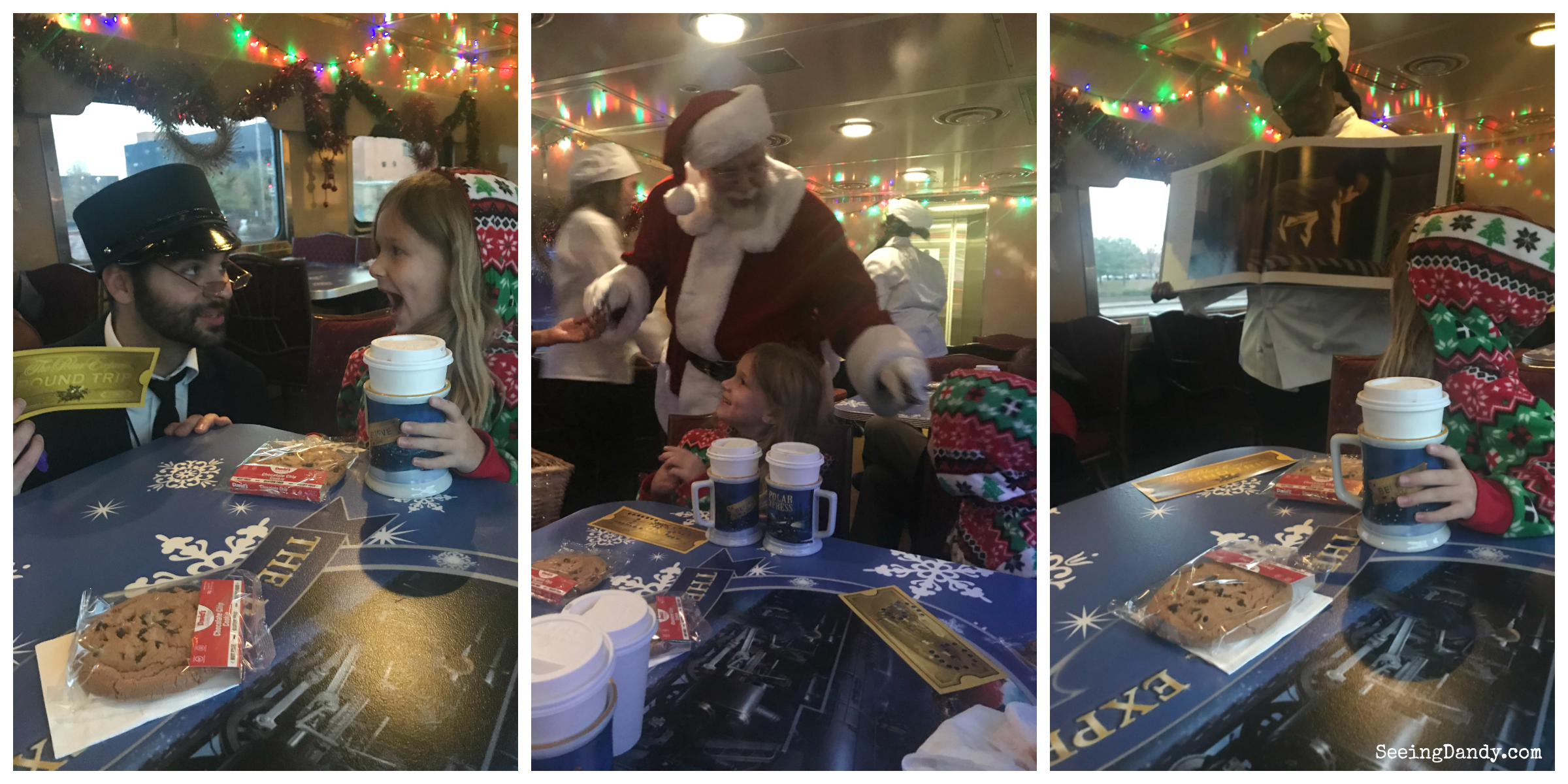 Union Station Polar Express conductor, Santa, and storybook.