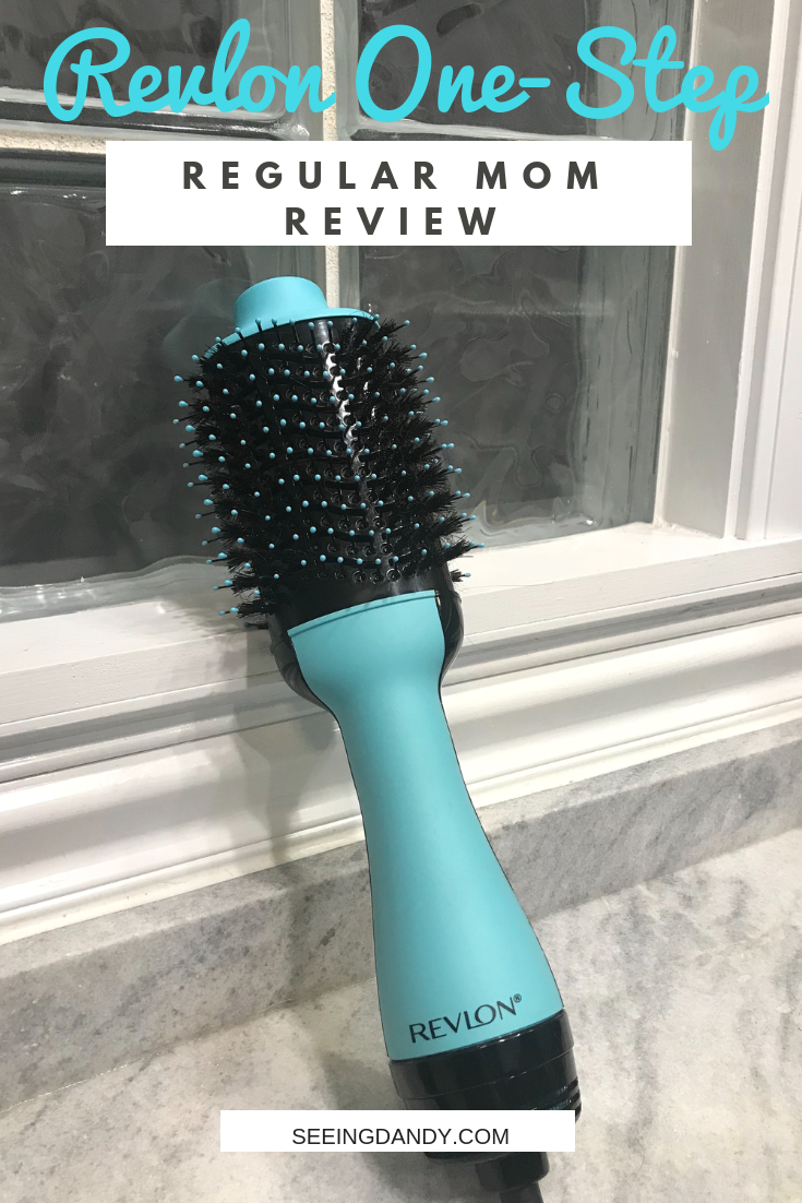 Regular mom review of the Revlon One Step Hair Dryer and Volumizer. Modern farmhouse bathroom with glass blocks wall and marble countertop.