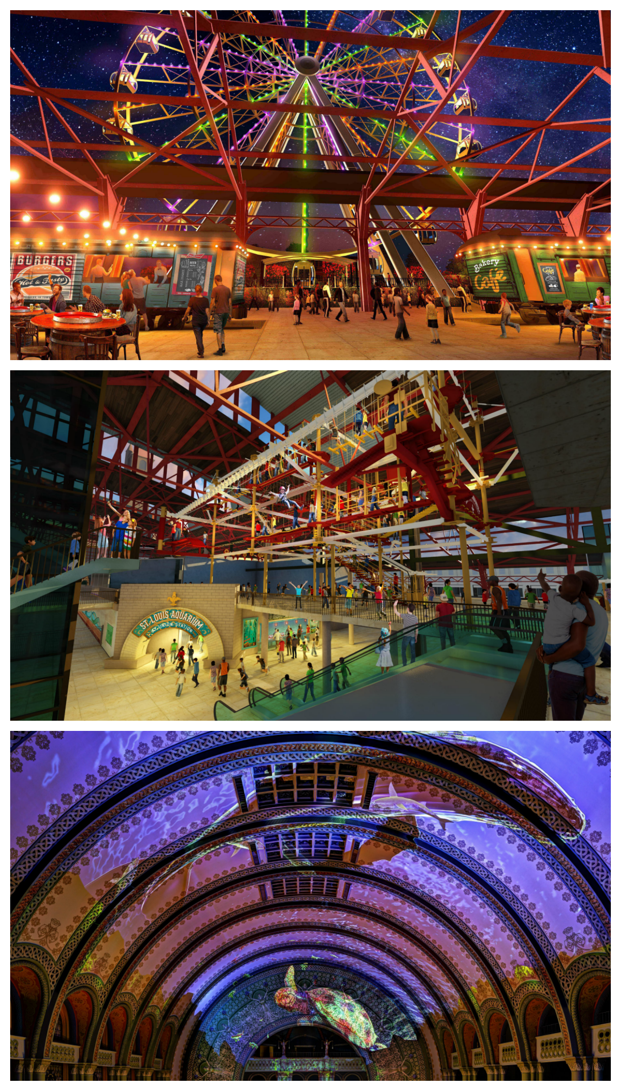 Union Station Grand Hall. St. Louis Wheel, ropes course and laser light show at St. Louis Union Station Aquarium.