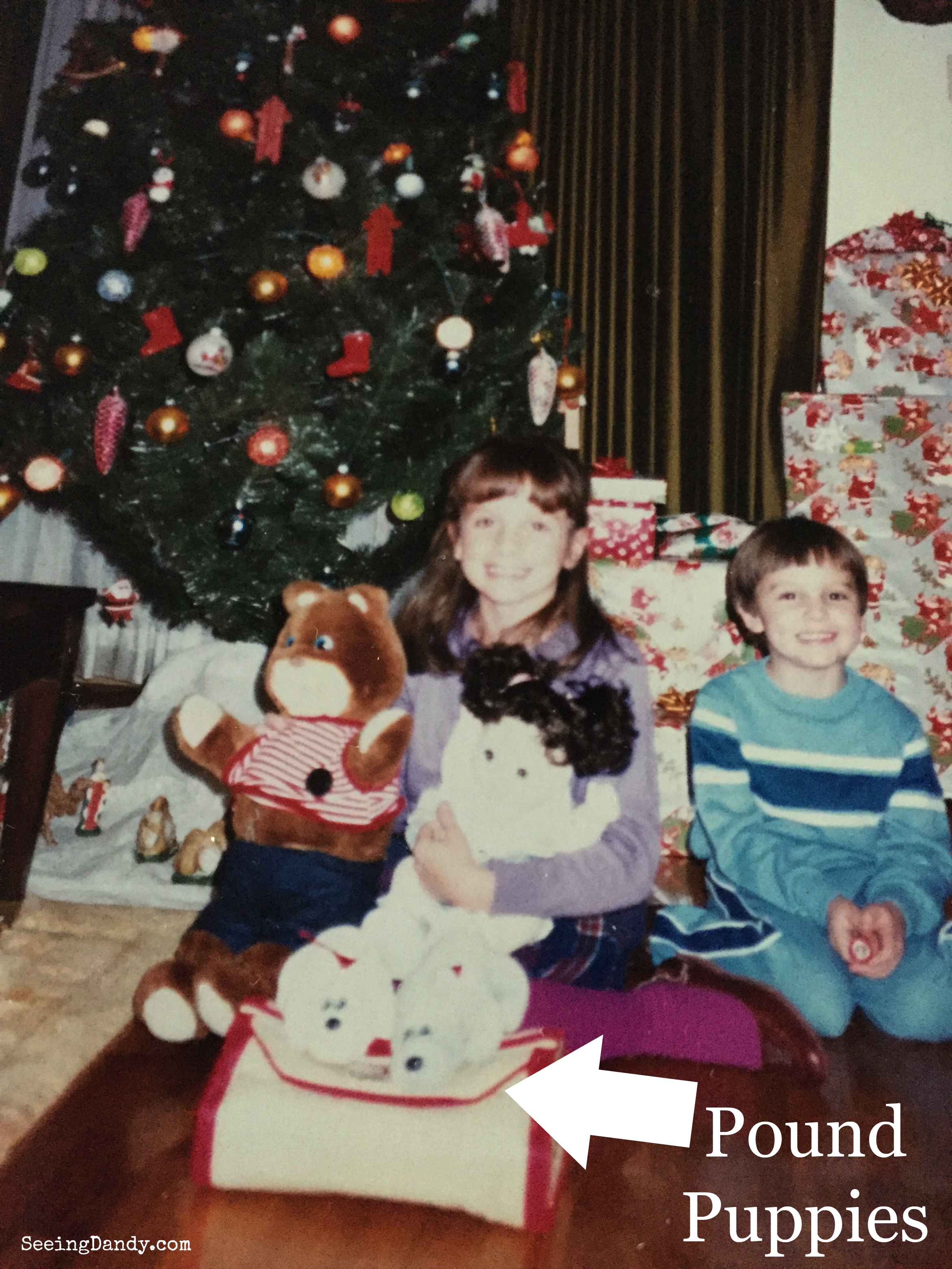 Vintage 1987 Pound Puppies on Christmas with Gabby Bear, My Child doll and Pound Puppy pet carrier.
