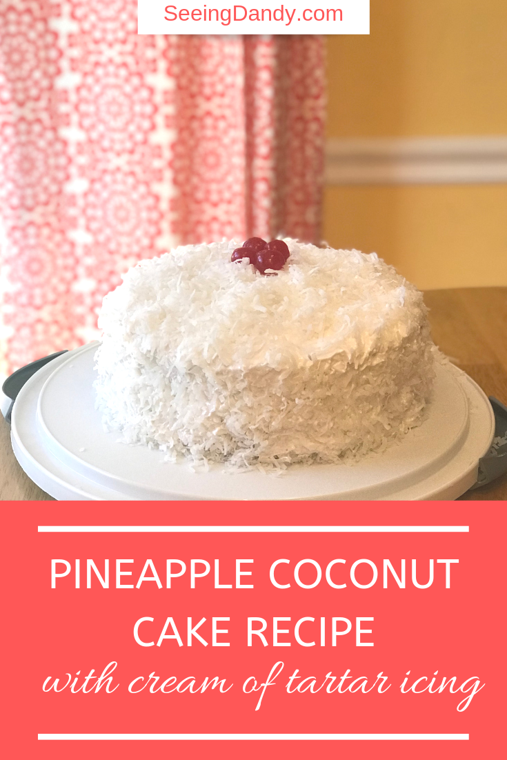 Easy to make pineapple coconut cake recipe with cream of tartar icing.