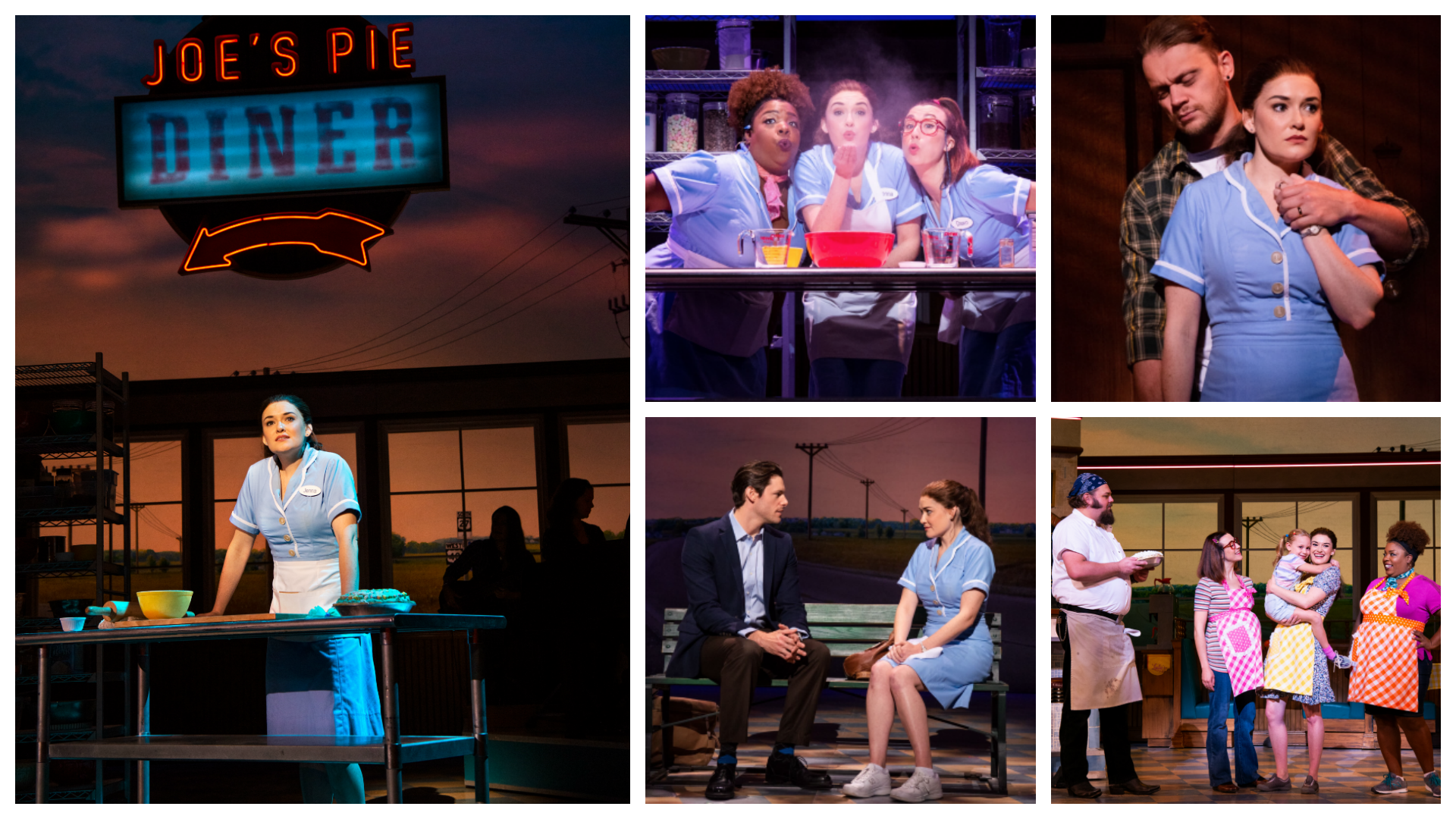 Scenes from Waitress The Musical and Joe's Pie Diner. Christine Dwyer, Maiesha McQueen, Ephie Aardema, Steven Good, Norah Morley.
