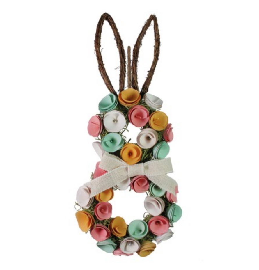 Bunny wreath with curled wood flowers.