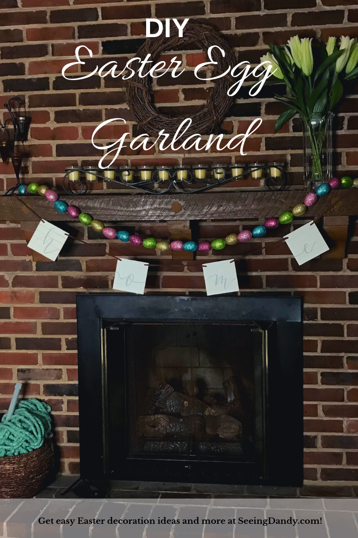 Easy DIY Easter egg garland. Farmhouse style fireplace with white lilies.