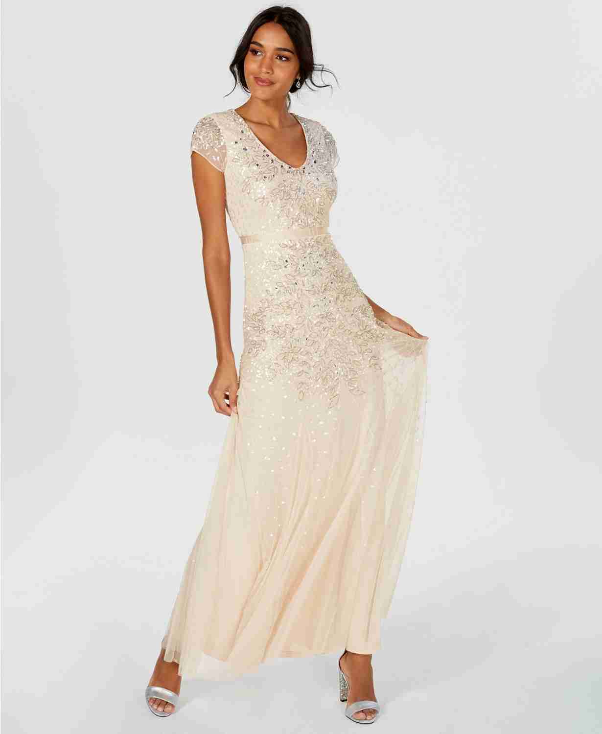 Gorgeous sequined and beaded Adrianna Papell modest prom dress.