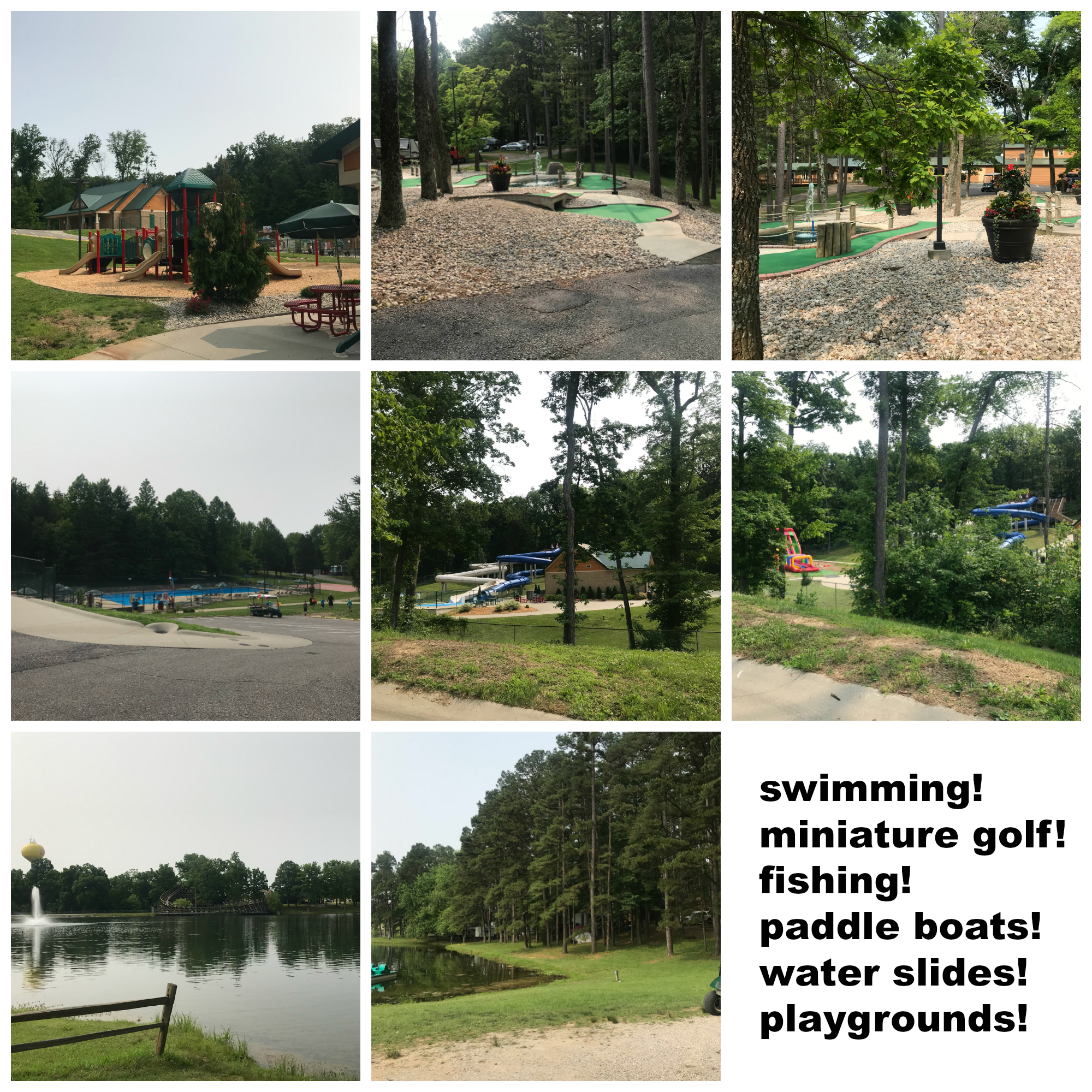 Lake Rudolph activities. Swimming pool, miniature golf, fishing, paddle boats, water slides, and playgrounds.