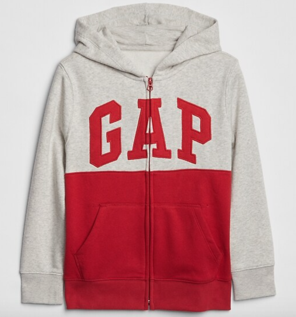 Red and gray GAP hoodie back to school shopping. Zip up sweatshirt with hood.