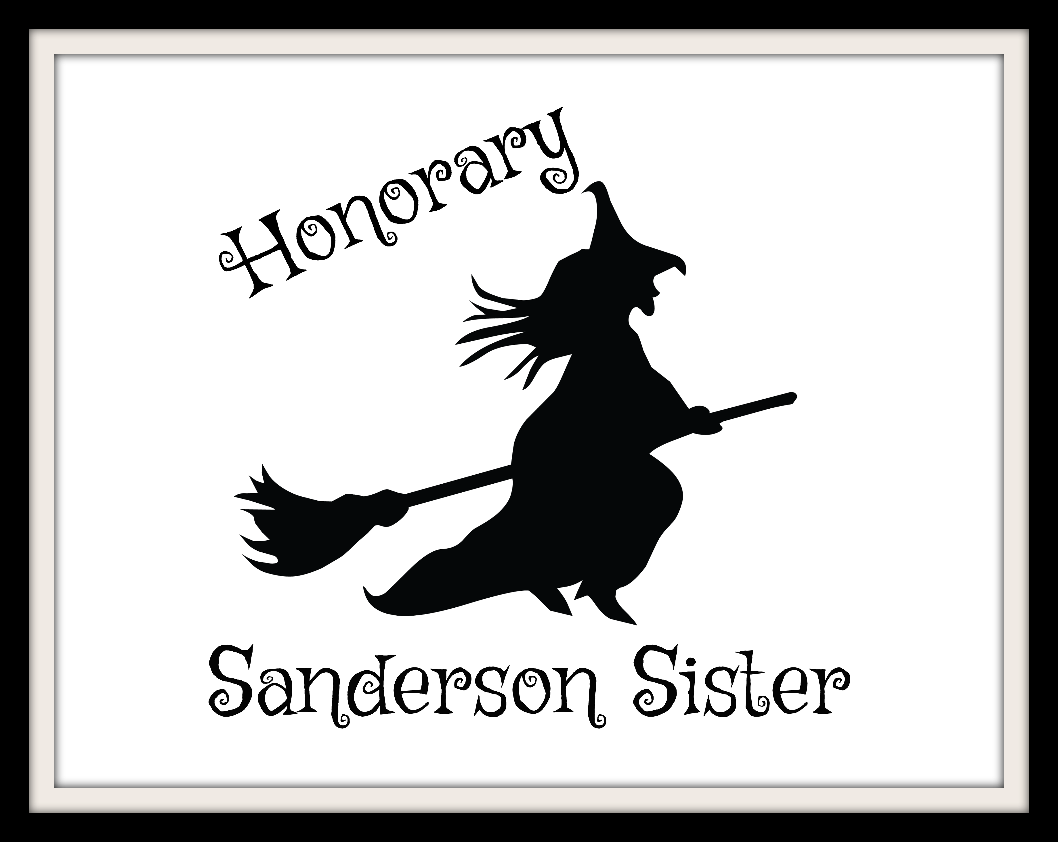 Sanderson sister wall art print with witch on broom silhouette.