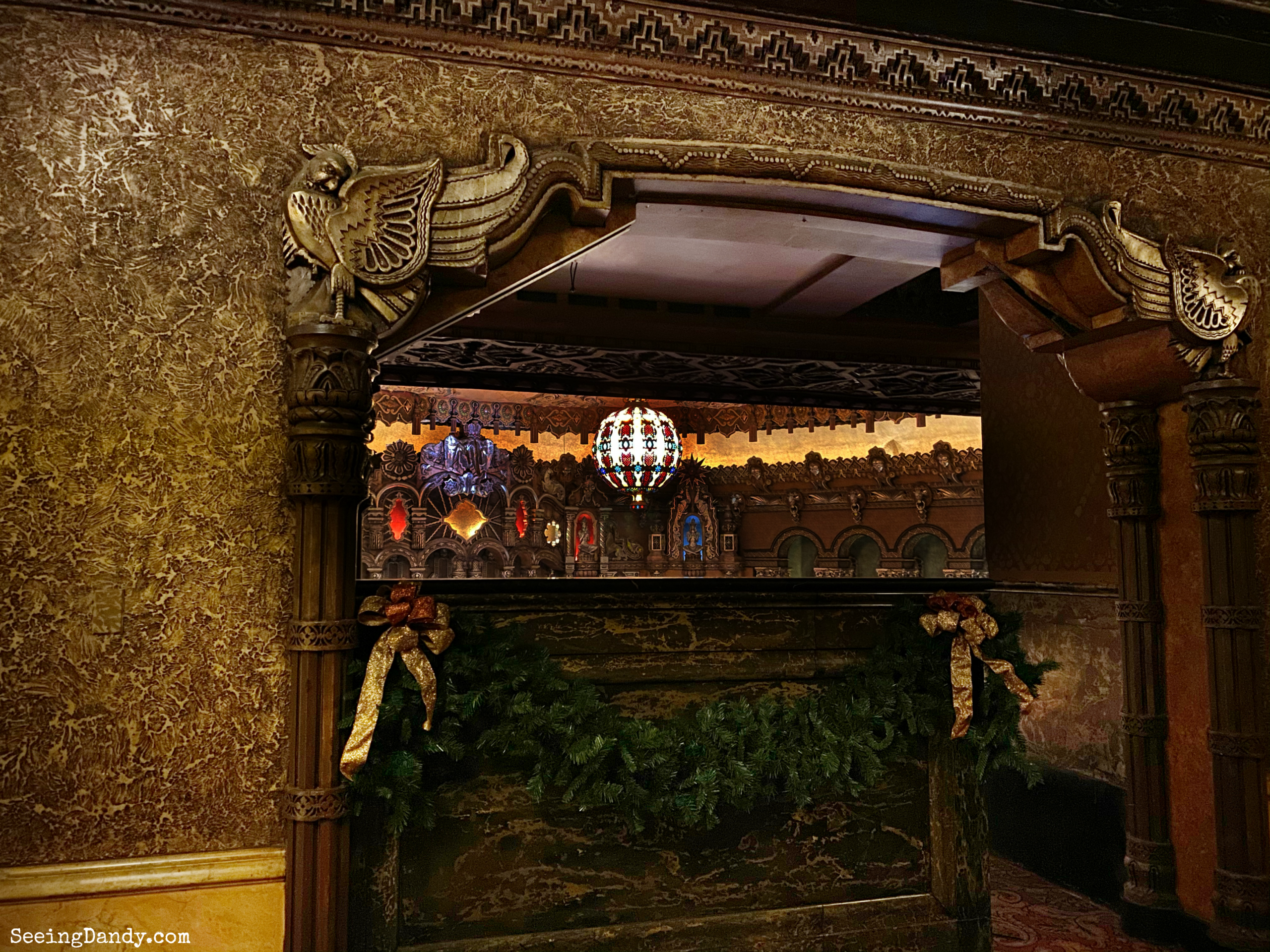 St Louis Fabulous Fox Theatre Christmas decorations with chandelier.