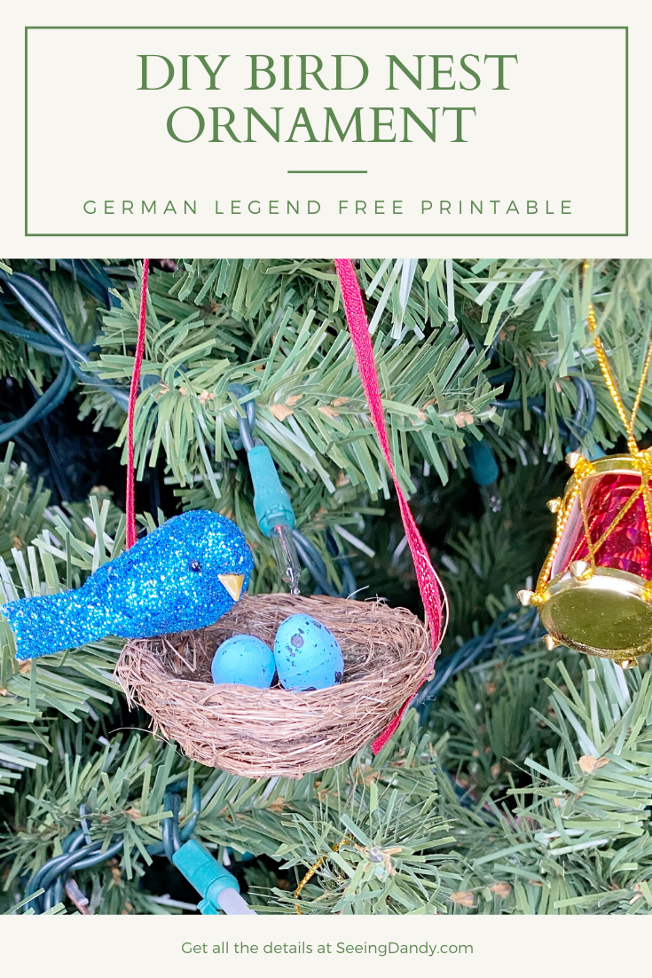 Easy DIY bird nest Christmas tree ornament German legend printable