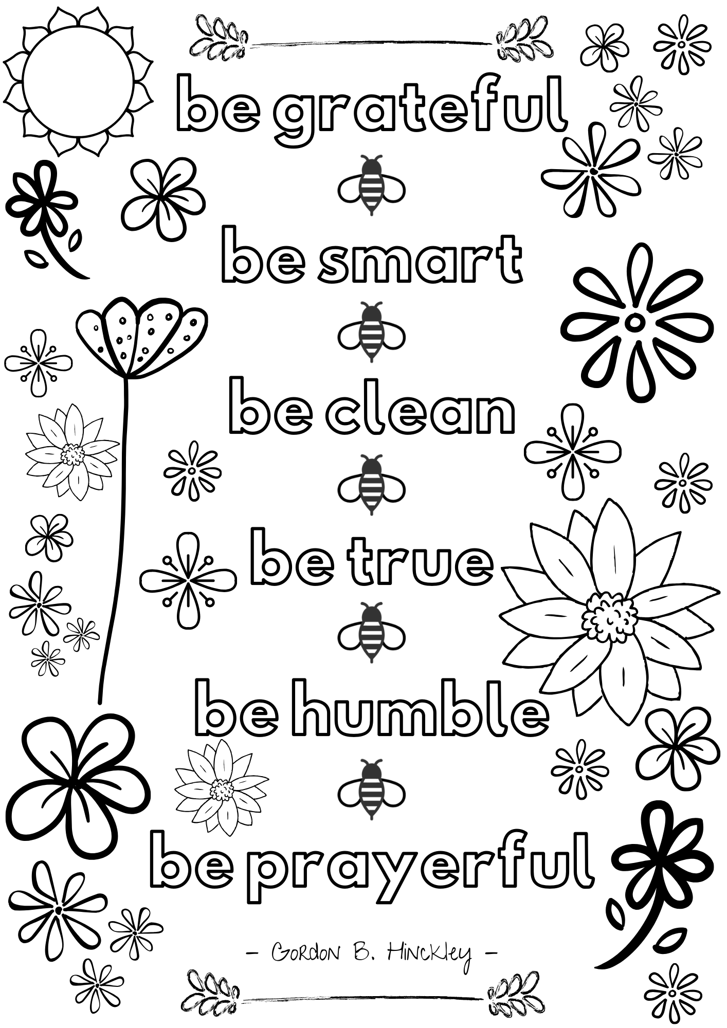 Be grateful, be smart, be clean, be true, be humble, be prayerful Gordon B. Hinckley coloring page LDS young women