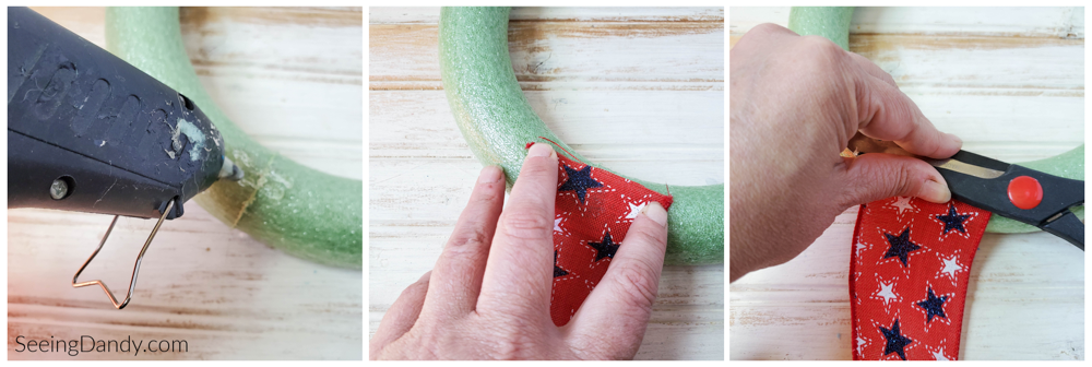 diy holiday wreath tutorial, green foam wreath, glue gun, scissors, red stars ribbon