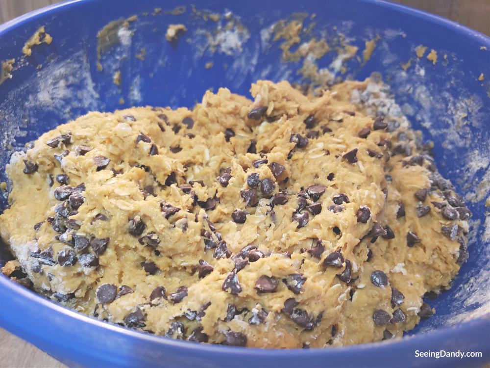 cookie mix, blue mixing bowl, mini chocolate chips