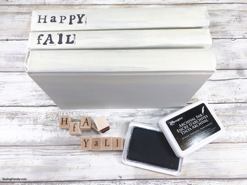 wooden stamps, diy book stack, fall decor, white book stack, happy fall, black ink pad