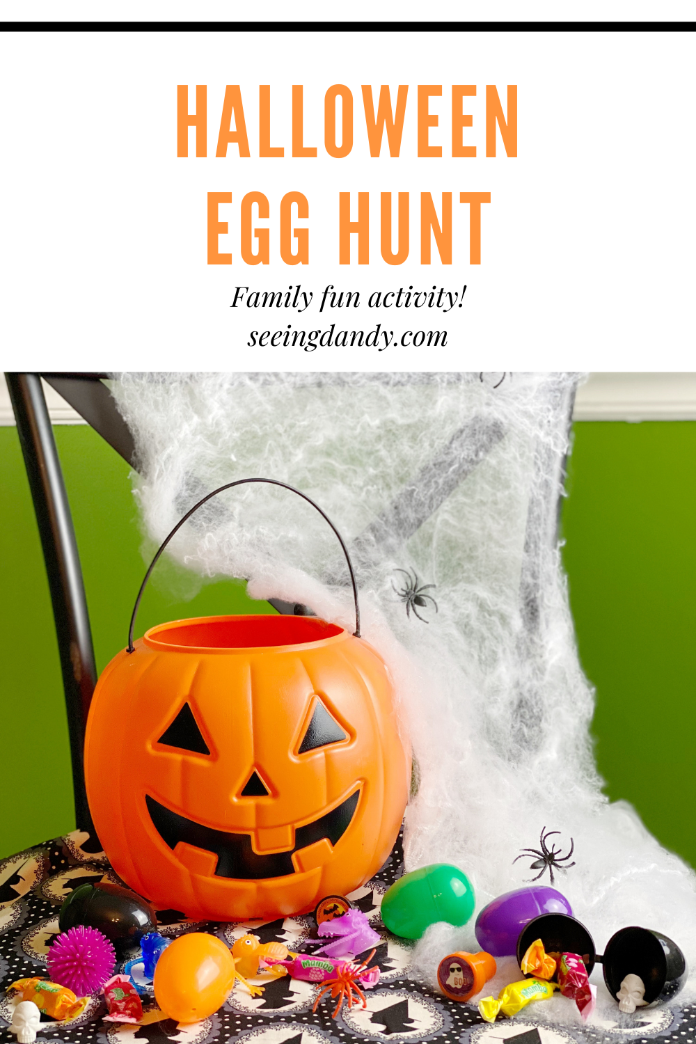 Halloween Egg Hunt idea, fall family activity, halloween fun, halloween ideas, family activities, holidays, halloween eggs, orange pumpkin bucket, halloween trinkets, farmhouse style chair, witch fabric, halloween candy, halloween diy