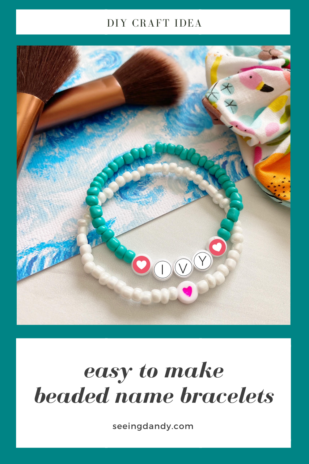 Beaded Alphabet Name Bracelets, kids crafts, easy crafts, diy craft idea, makeup brush, fabric scrunchie, turquoise bead bracelet, ivy name bracelet, heart beads, white coral bead bracelet