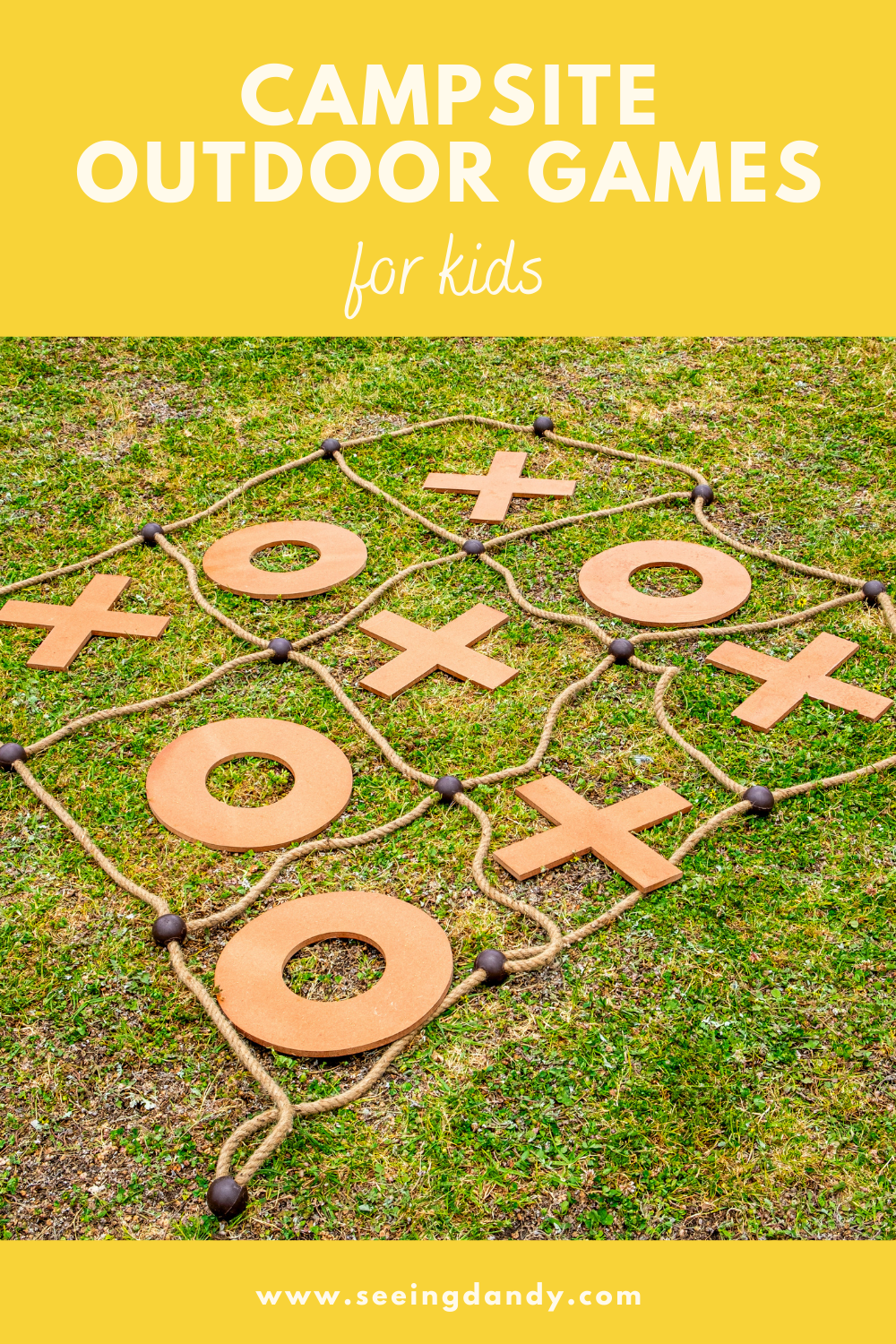 campsite outdoor games for kids, tic tac toe rope yard game, oversized tic tac toe, camping, family travel, family fun, family activities, lawn games