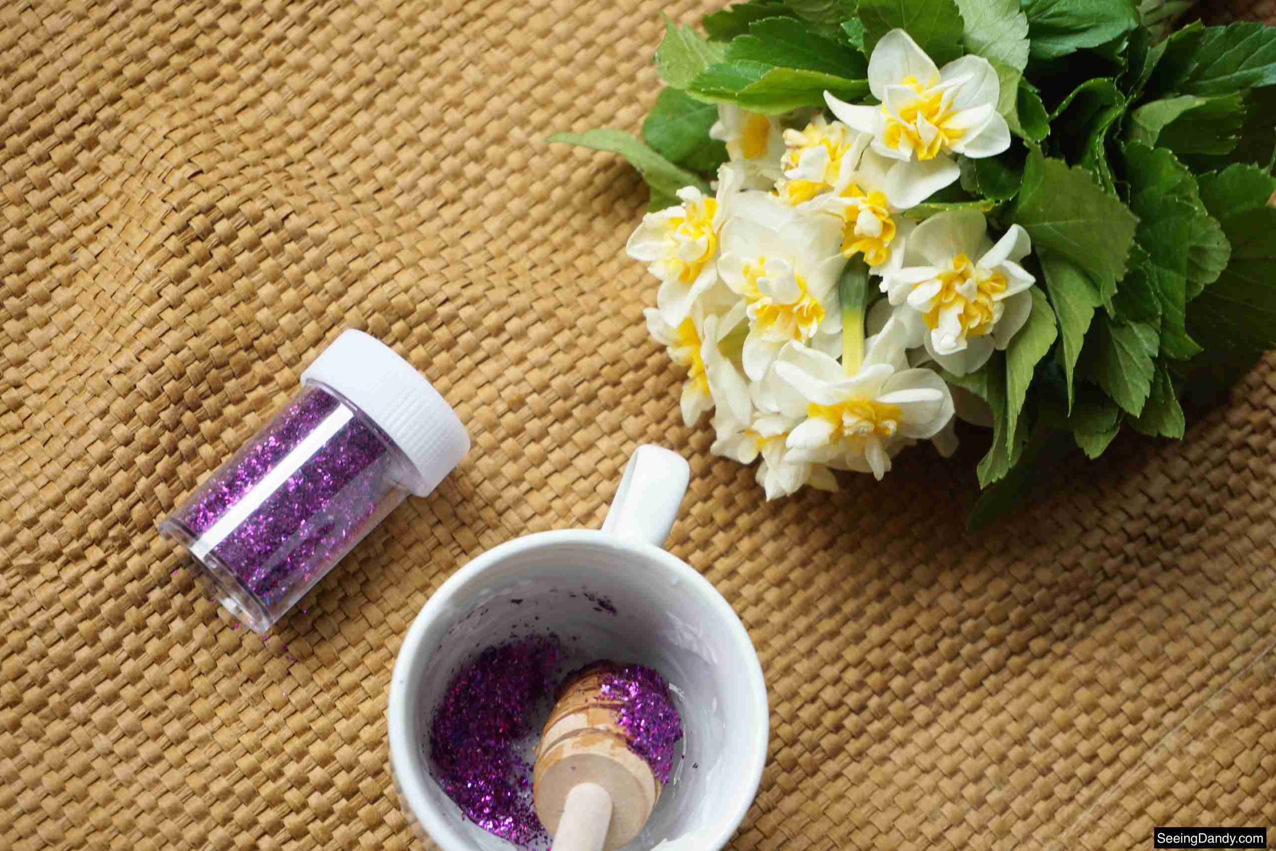 honey dipper stick, jute rug, white tea cup, purple glitter, body glitter recipe