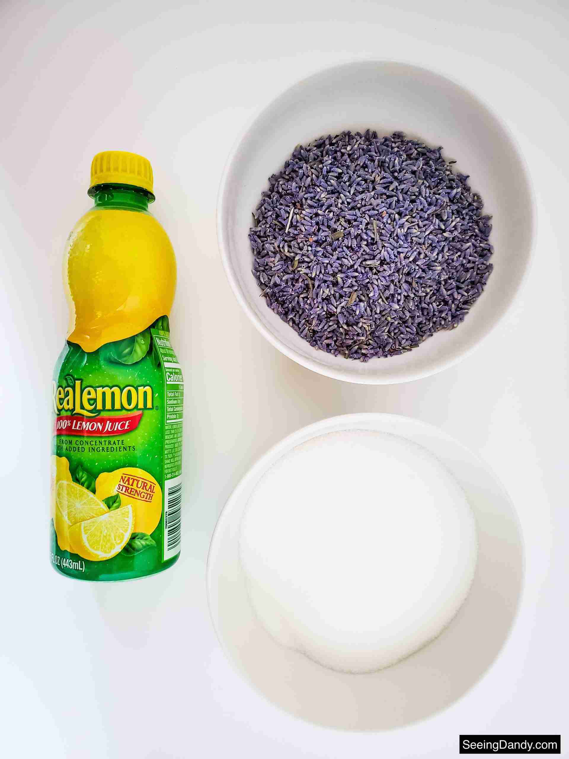 lavender lemonade recipe ingredients, real lemon juice bottle, dried lavender flowers