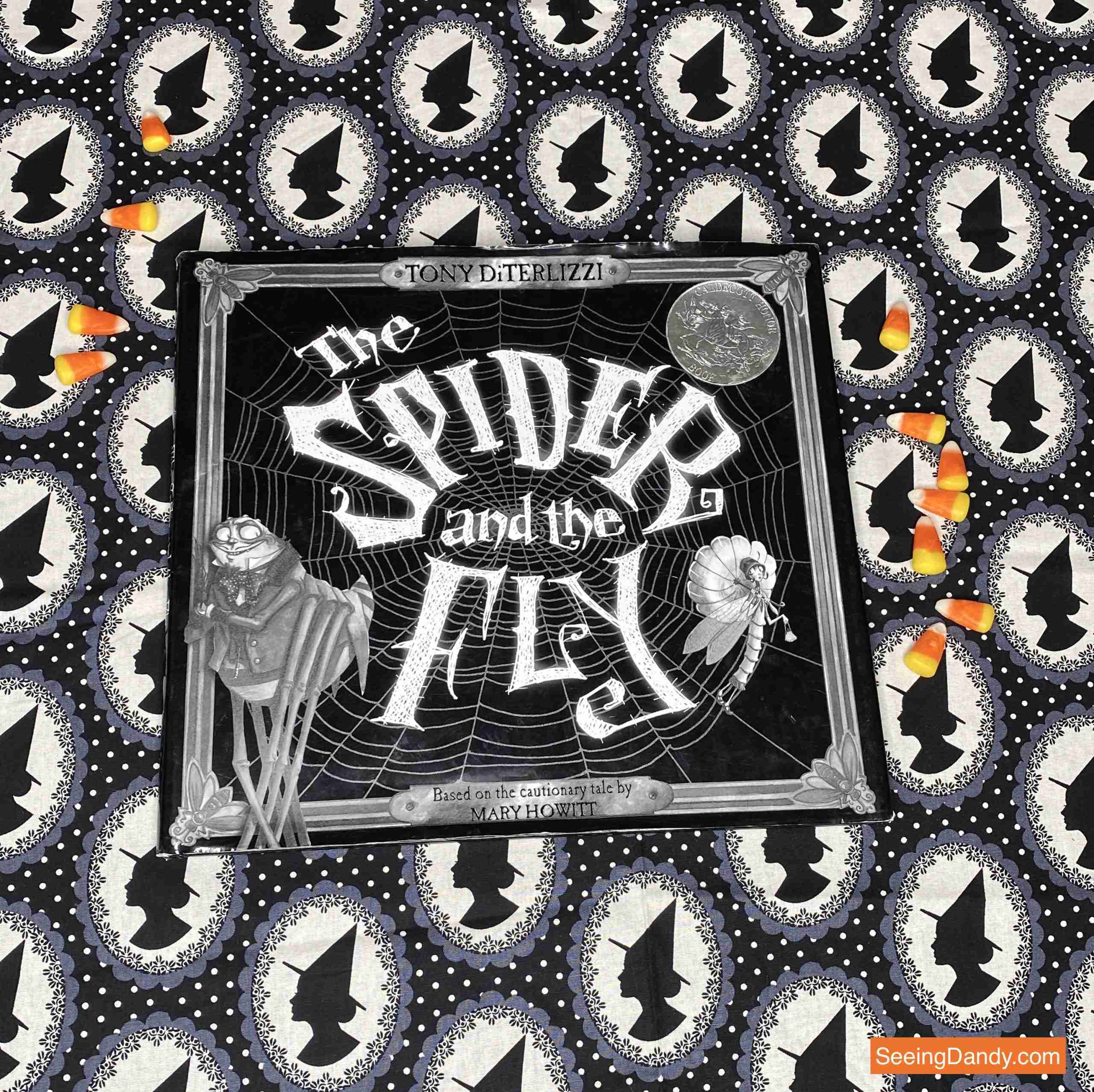 the spider and the fly book, mary howitt poem, tony diterlizzi illustrator, black and white witch fabric, candy corn