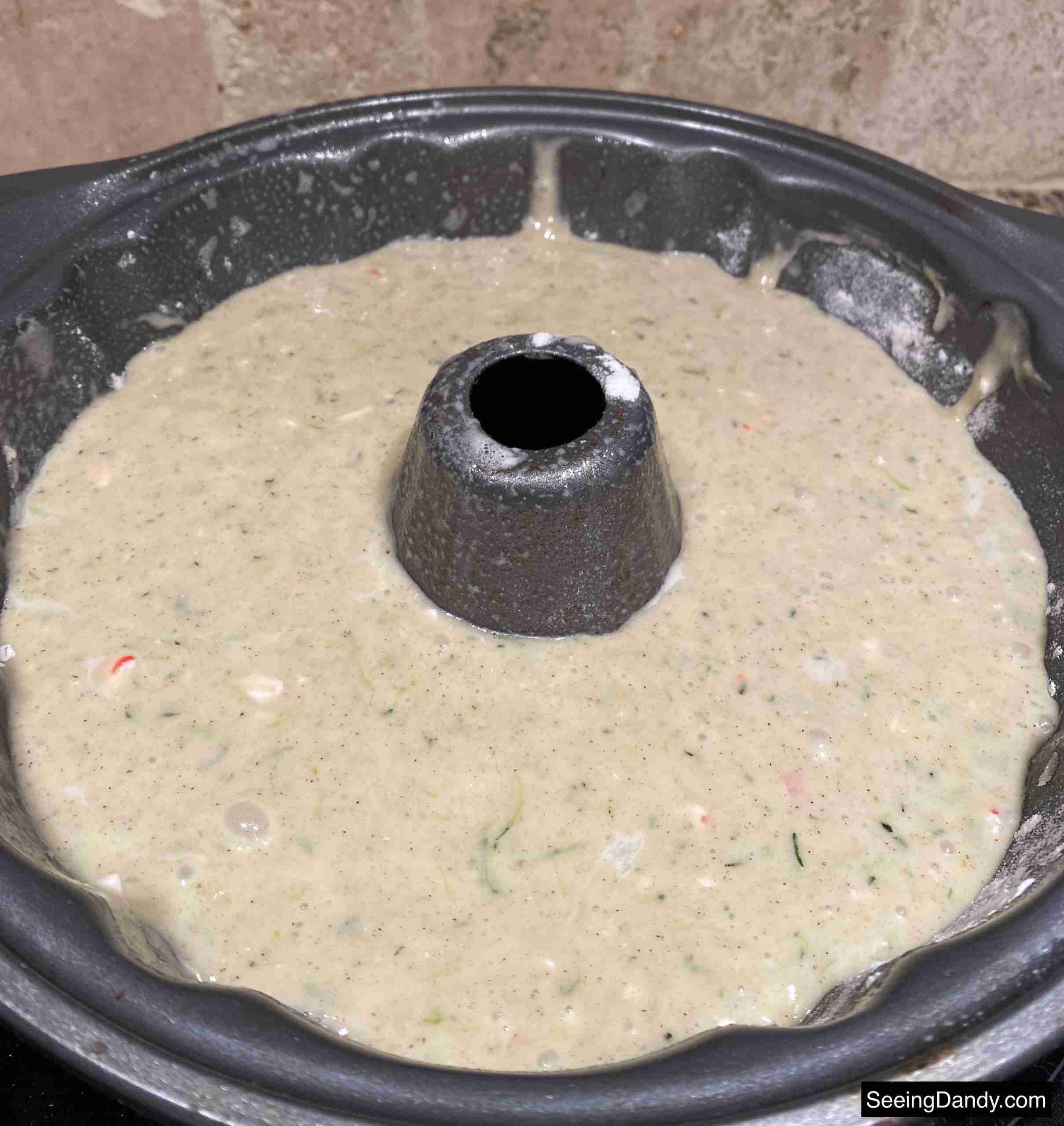 peppermint zucchini bread dough in bundt pan