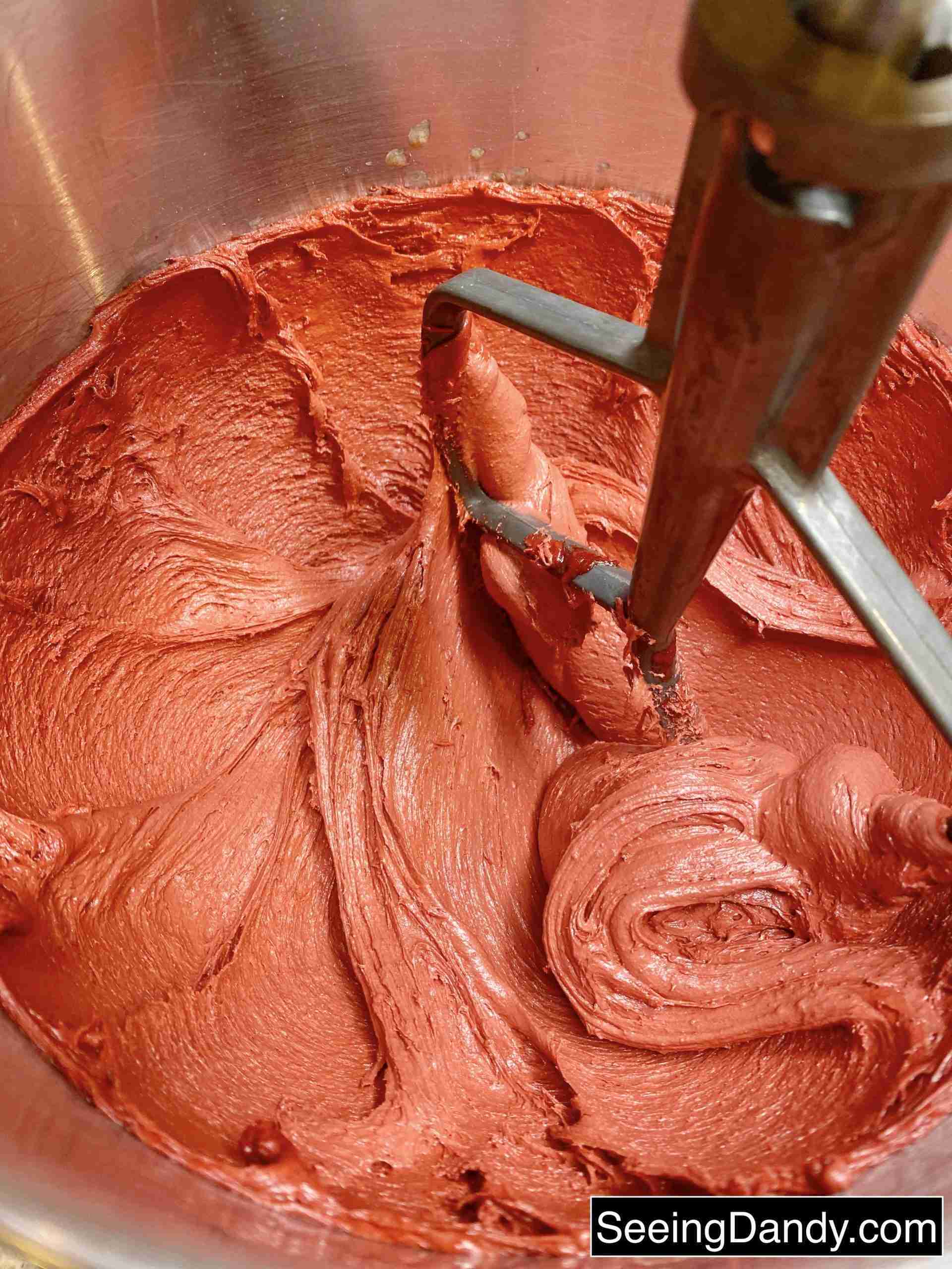 mixing red velvet cake dough in kitchenaid mixer