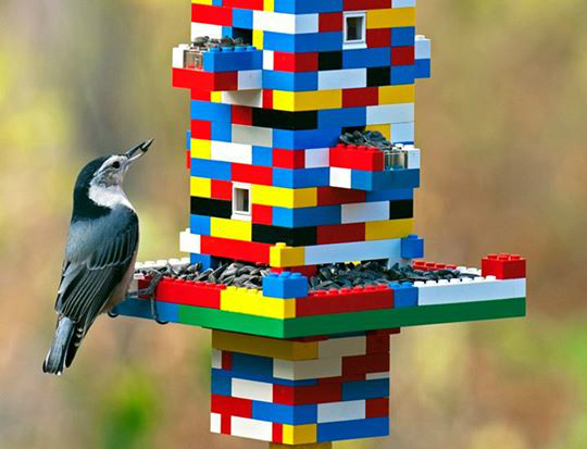 DIY bird feeders made out of LEGO bricks.