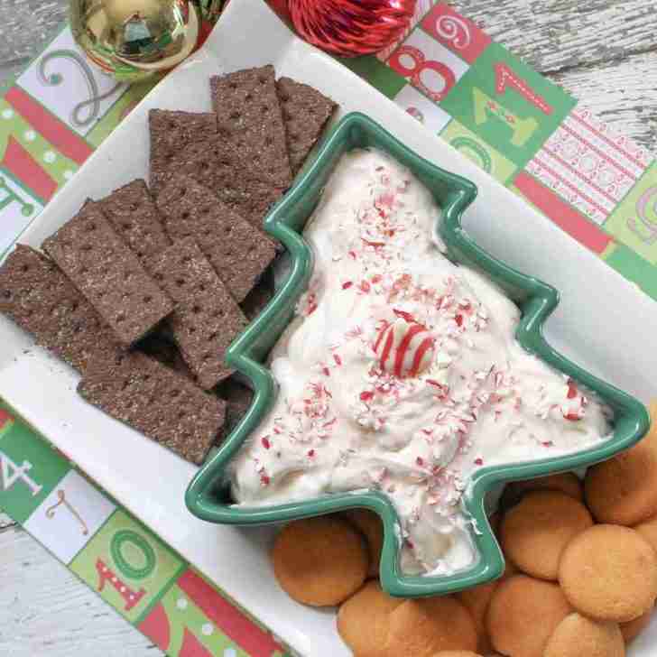 Gluten free candy cane dip in Christmas tree bowl.