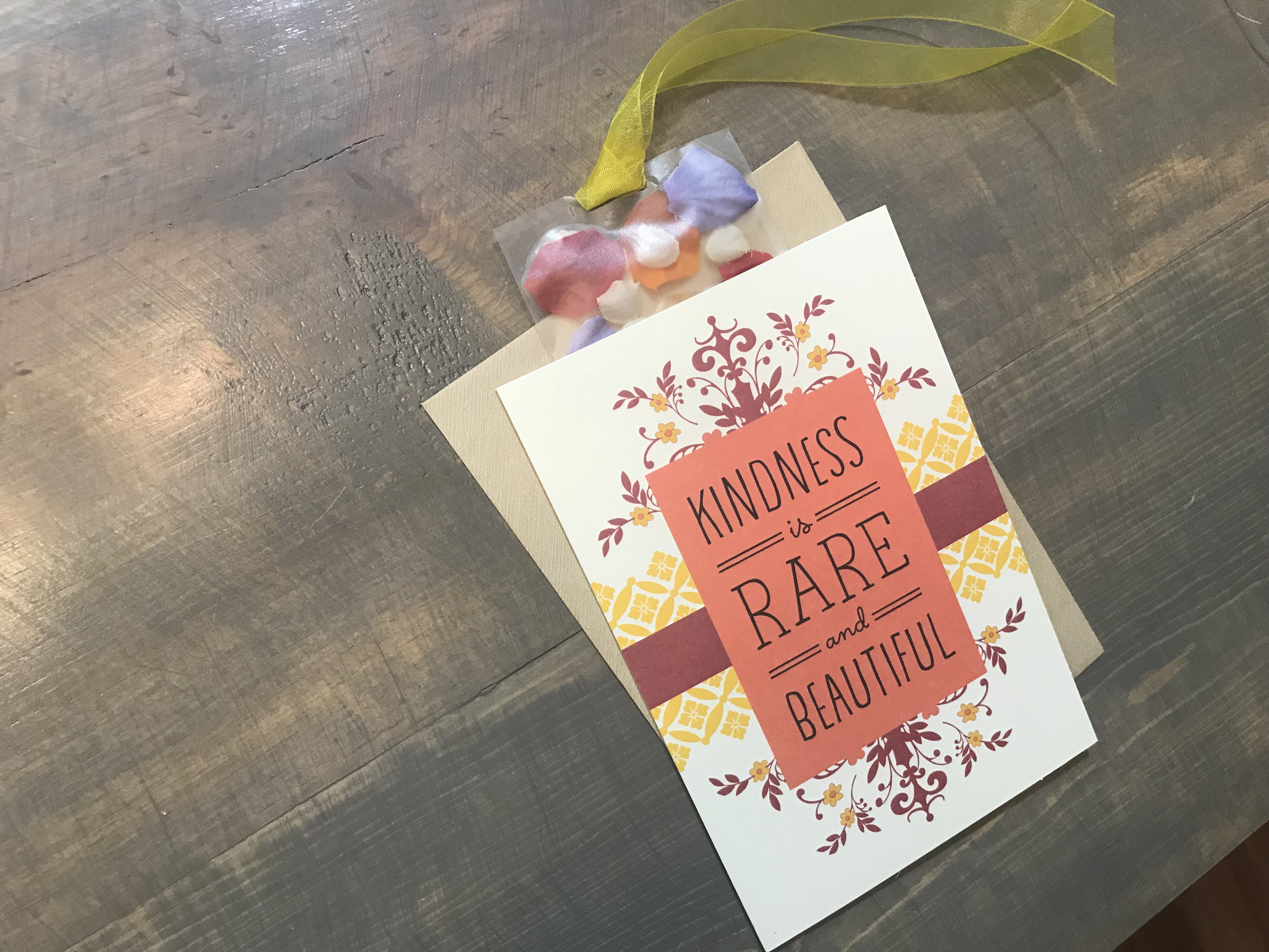 Kindness is rare and beautiful card with pressed flowers bookmark.
