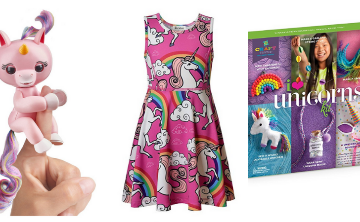Unique unicorn gifts of dresses, Fingerlings, night lights, and more.
