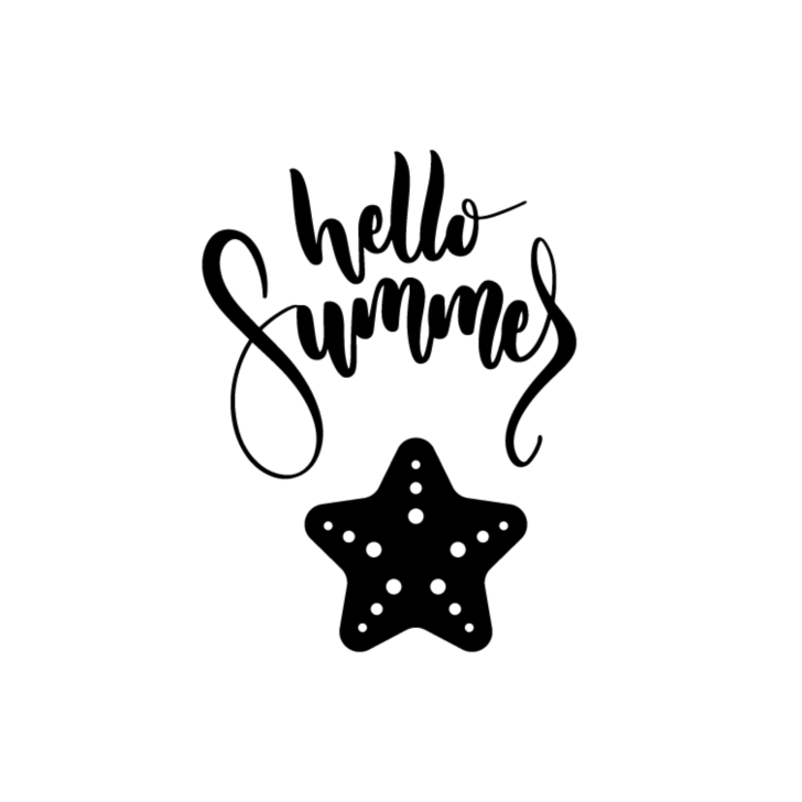 Hand lettered Hello Summer with black and white starfish.