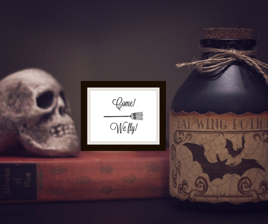 Hocus Pocus broom printable with spooky potion and skull.