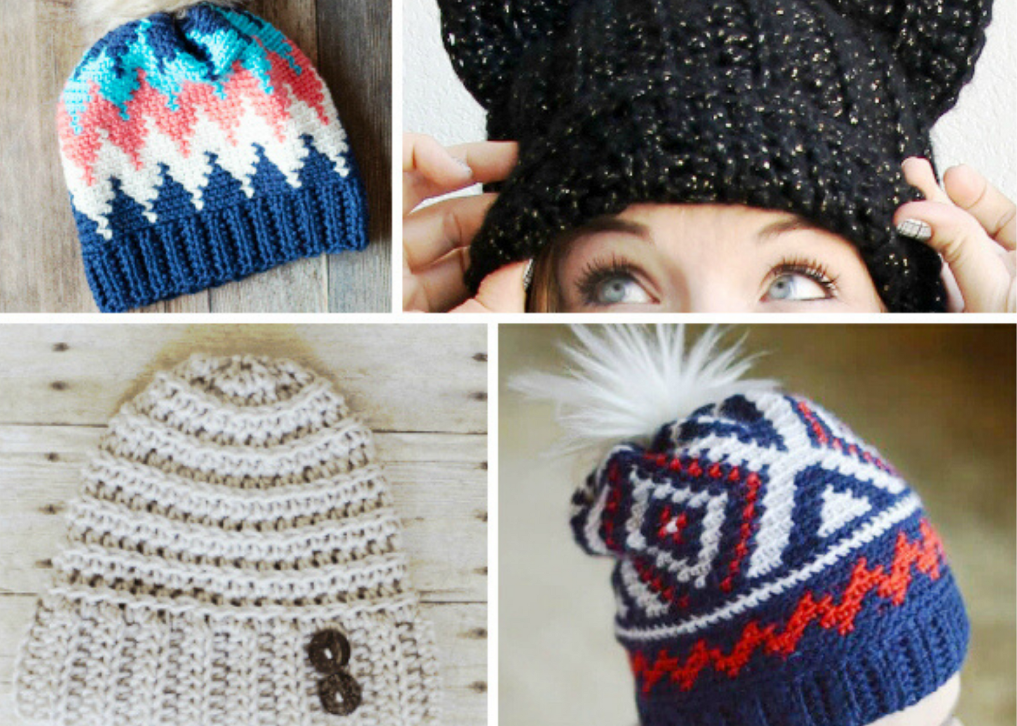 DIY crochet hats in chevron print and with buttons.