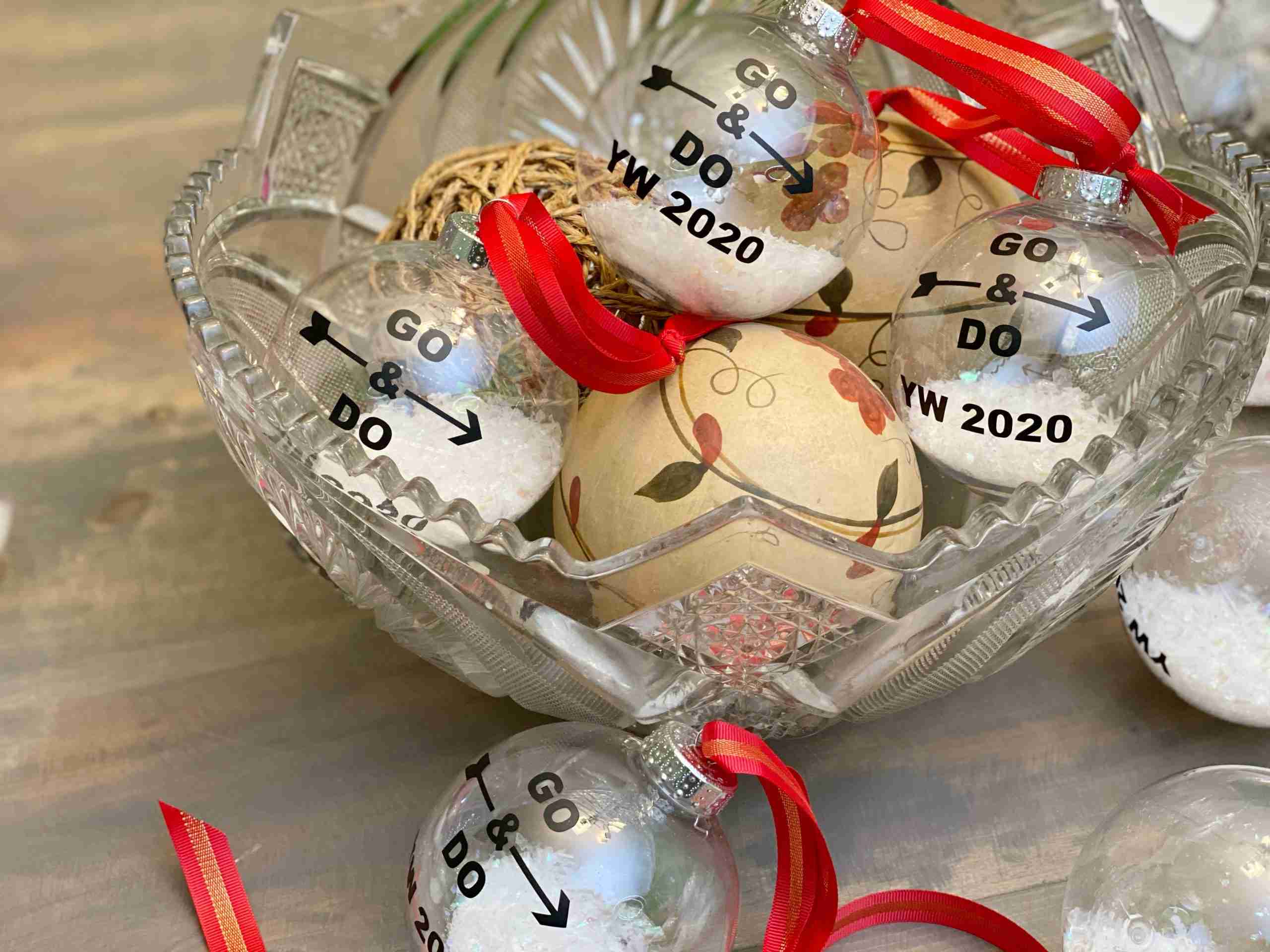 vintage punch bowl, crystal punch bowl, antique punch bowl, lds christmas ornaments, craft ornaments, DIY YW Christmas ornament, 2020 youth theme, go and do, the church of jesus christ of latter day saints, easy to make christmas ornaments, free svg file, red ribbon, clear ball ornaments, plastic ornaments, vintage crystal bowl