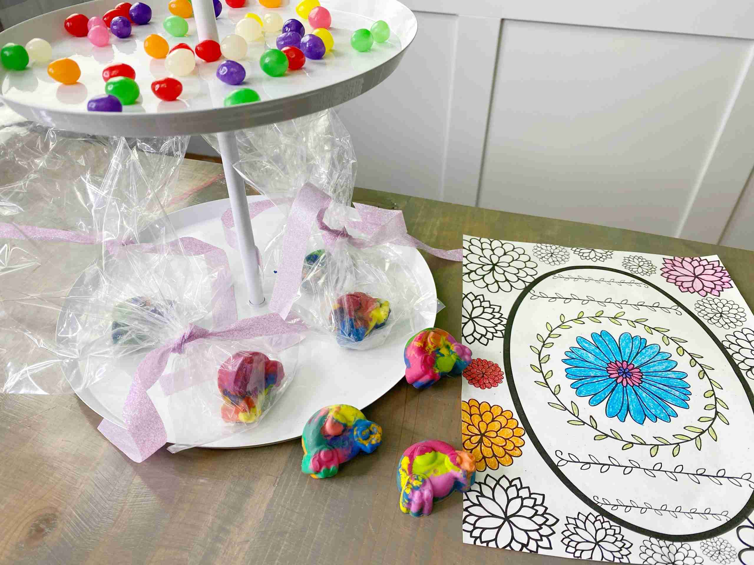 bunny bottom crayons, white target tiered tray, diy easter bunny crayons, easter crafts, melting crayons, faberge egg coloring page, free printable coloring sheet, easter coloring page, spring crafts, kids crafts, easter basket