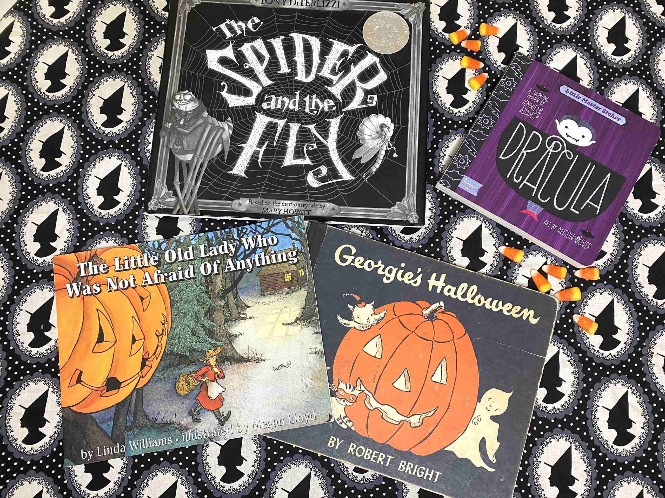 The Little Old Lady Who Was Not Afraid of Anything halloween paperback book, the spider and the fly book, mary howitt poem, tony diterlizzi illustrator, black and white witch fabric, candy corn, halloween books, georgie's halloween book, vintage books, vintage halloween book, babylit dracula book, witch hat fabric witch silhouette fabric, halloween books for kids