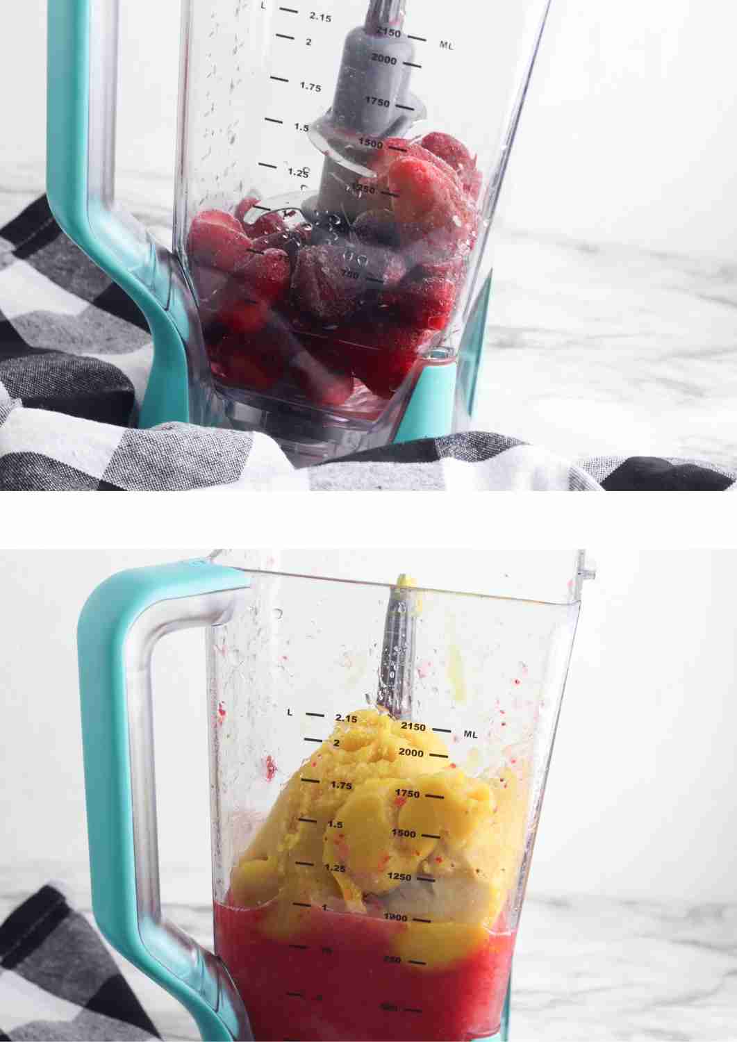 frozen strawberry and frozen pineapple juice in a blender